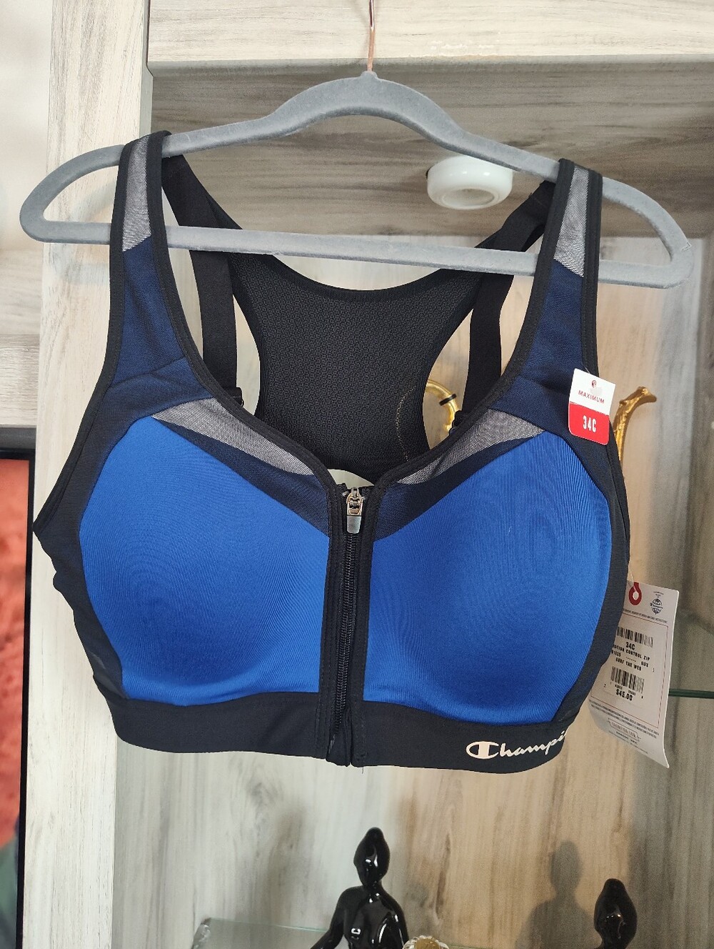 Champion Blue and Black Front-Zip High-Support Sports Bra SZ 34C